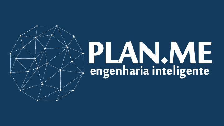Logo de rede conectada com o escrito Plan.Me Engenharia Inteligente em branco com fundo azul escuro